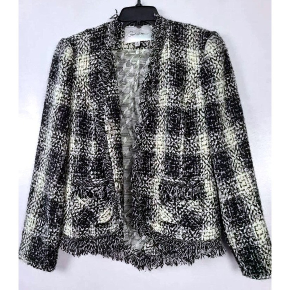 VTG 90s Carol Anderson Tweed Blazer Womens 4 Black White Plaid Fringe Jacket